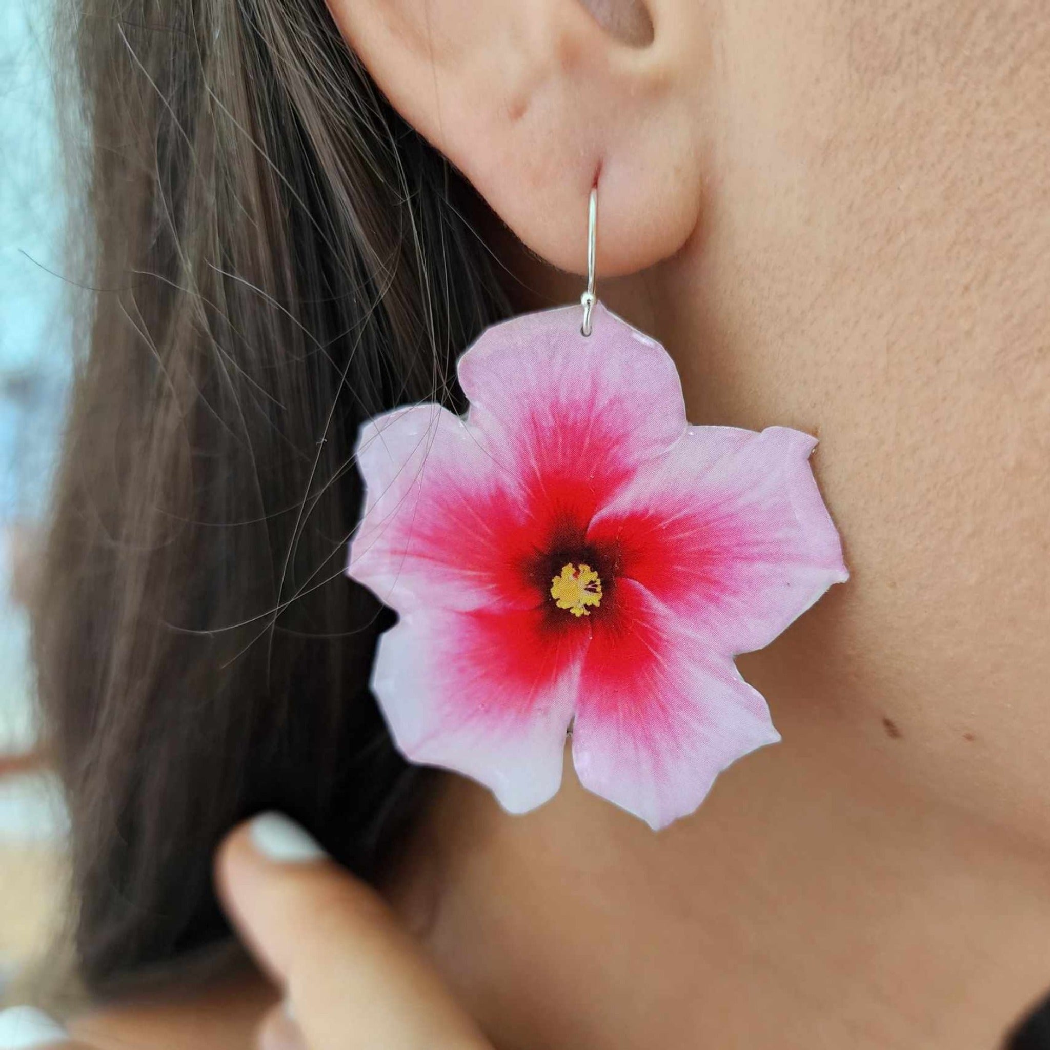 Hibiscus Earrings top with pink freshwater pearls, solid Sterling Silver, bride jewelry