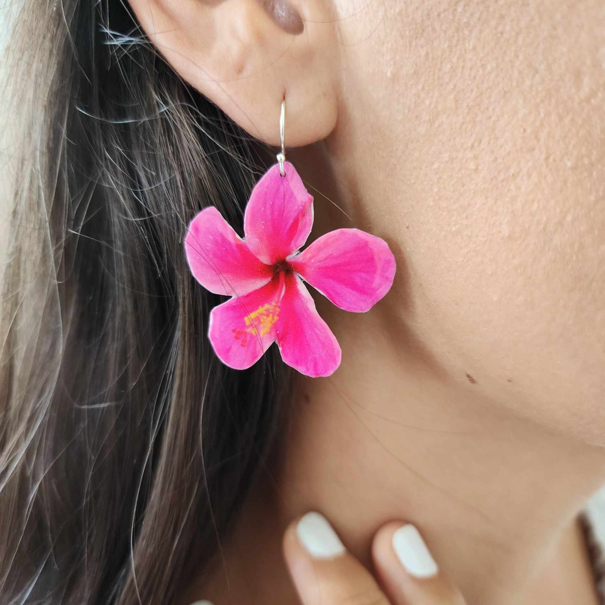 Hibiscus Earrings top with pink freshwater pearls, solid Sterling Silver, bride jewelry