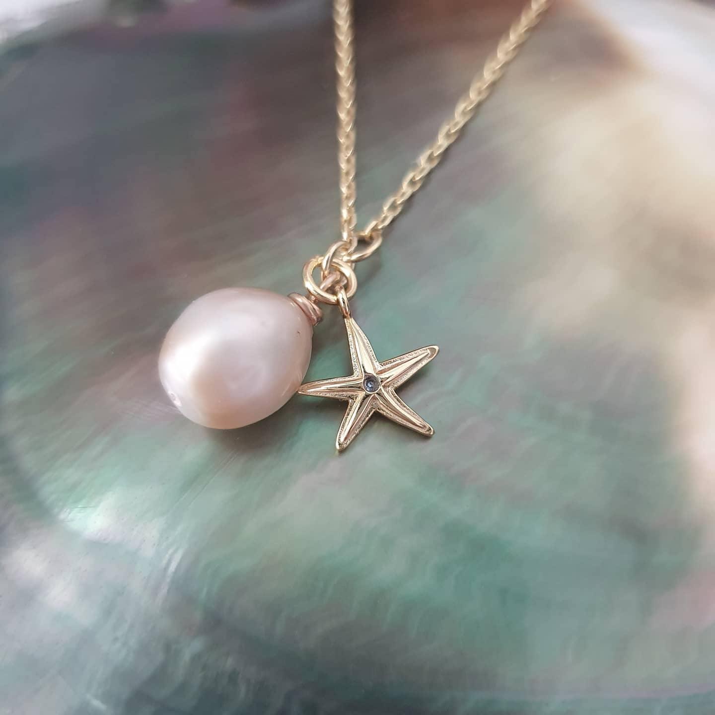 Teal Freshwater outlet Pearl Necklace with Sterling Starfish