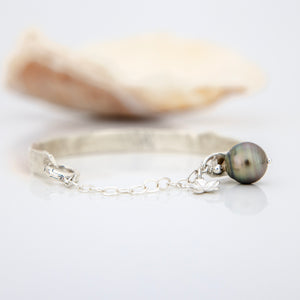 READY TO SHIP Civa Fiji Pearl Organic Cast Bracelet with Frangipani charm - 925 Sterling Silver FJD$