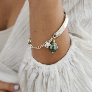 READY TO SHIP Civa Fiji Pearl Organic Cast Bracelet with Frangipani charm - 925 Sterling Silver FJD$