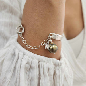 READY TO SHIP Civa Fiji Pearl Organic Cast Bracelet with Frangipani charm - 925 Sterling Silver FJD$