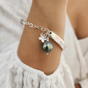 READY TO SHIP Civa Fiji Pearl Organic Cast Bracelet with Frangipani charm - 925 Sterling Silver FJD$