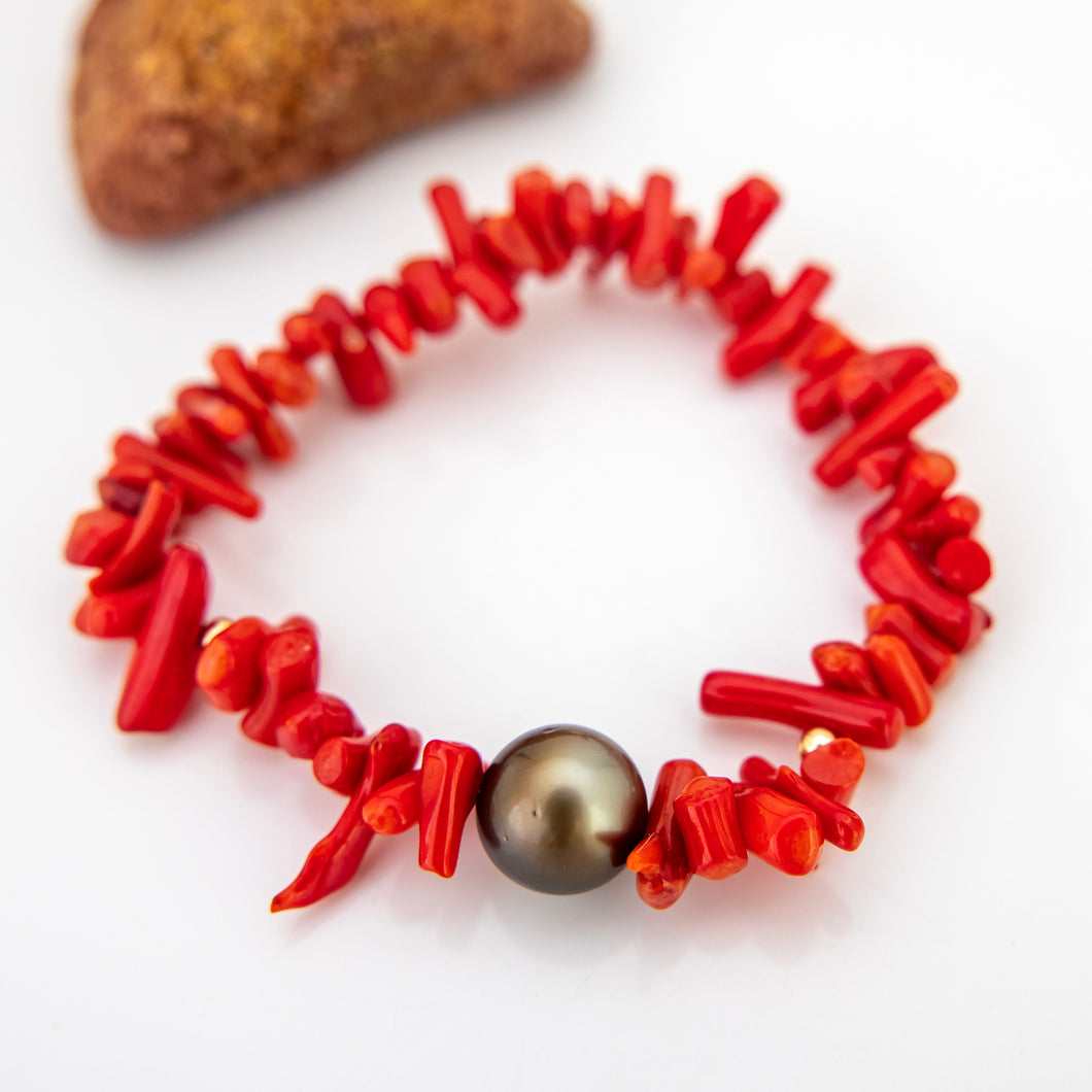 READY TO SHIP Civa Fiji Pearl Red Coral Stretch Bracelet - FJD$