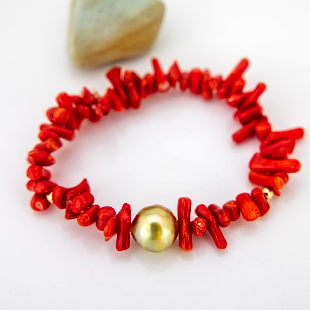 READY TO SHIP Civa Fiji Pearl Red Coral Stretch Bracelet - FJD$