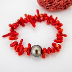 READY TO SHIP Civa Fiji Pearl Red Coral Stretch Bracelet - FJD$