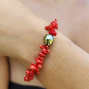 READY TO SHIP Civa Fiji Pearl Red Coral Stretch Bracelet - FJD$