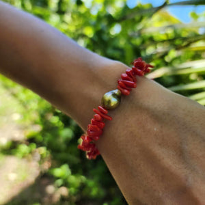 READY TO SHIP Civa Fiji Pearl Red Coral Stretch Bracelet - FJD$