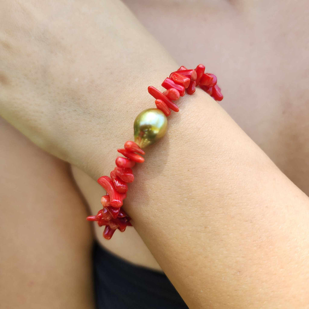 READY TO SHIP Civa Fiji Pearl Red Coral Stretch Bracelet - FJD$