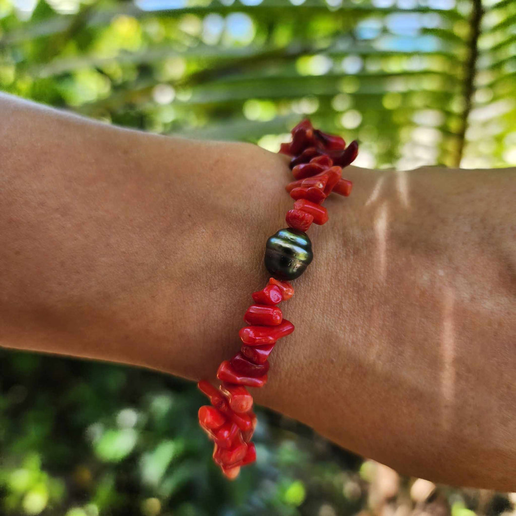 READY TO SHIP Civa Fiji Pearl Red Coral Stretch Bracelet - FJD$