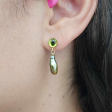 Load image into Gallery viewer, READY TO SHIP Peridot &amp; Fiji Keshi Pearl Stud Earrings - 14k Gold Fill FJD$
