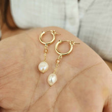 Load image into Gallery viewer, READY TO SHIP Huggie Earrings with Freshwater Pearl and Glass Bead detail - 14k Gold Fill FJD$
