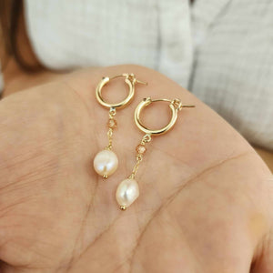 READY TO SHIP Huggie Earrings with Freshwater Pearl and Glass Bead detail - 14k Gold Fill FJD$