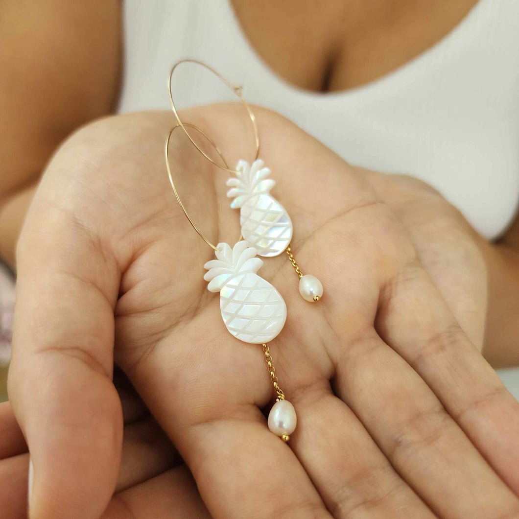 READY TO SHIP Mother of Pearl Pineapple Drop Earrings with Freshwater Pearls in 14k Gold Fill - FJD$