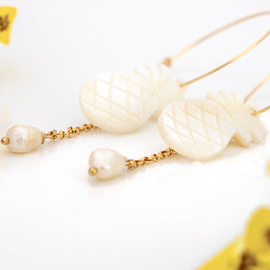 READY TO SHIP Mother of Pearl Pineapple Drop Earrings with Freshwater Pearls in 14k Gold Fill - FJD$