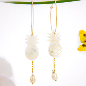 READY TO SHIP Mother of Pearl Pineapple Drop Earrings with Freshwater Pearls in 14k Gold Fill - FJD$