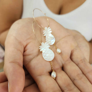 READY TO SHIP Mother of Pearl Pineapple Drop Earrings with Freshwater Pearls in 14k Gold Fill - FJD$