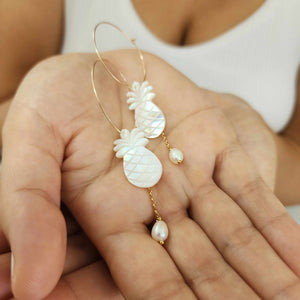 READY TO SHIP Mother of Pearl Pineapple Drop Earrings with Freshwater Pearls in 14k Gold Fill - FJD$