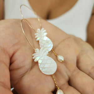 READY TO SHIP Mother of Pearl Pineapple Drop Earrings with Freshwater Pearls in 14k Gold Fill - FJD$