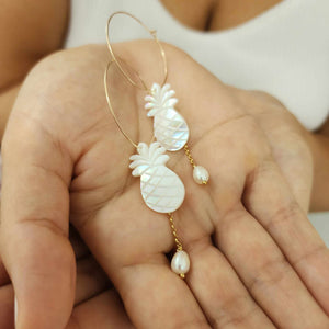 READY TO SHIP Mother of Pearl Pineapple Drop Earrings with Freshwater Pearls in 14k Gold Fill - FJD$