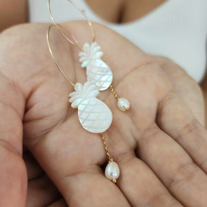 READY TO SHIP Mother of Pearl Pineapple Drop Earrings with Freshwater Pearls in 14k Gold Fill - FJD$