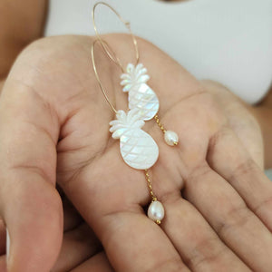 READY TO SHIP Mother of Pearl Pineapple Drop Earrings with Freshwater Pearls in 14k Gold Fill - FJD$