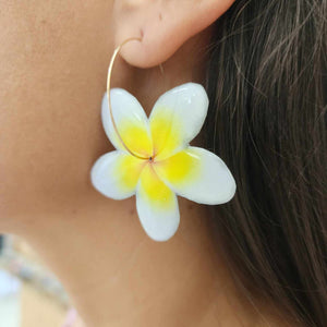 READY TO SHIP Frangipani Flower Resin Hoop Earrings - 14k Gold Fill FJD$