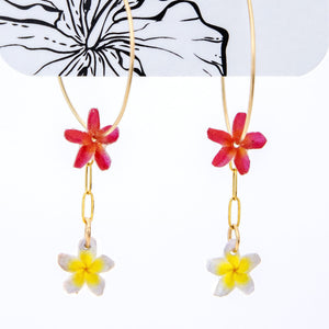 READY TO SHIP Frangipani & Hibiscus Flower Hoop Earrings - 14k Gold Fill FJD$