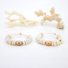 Load image into Gallery viewer, READY TO SHIP Shell &amp; Freshwater Pearl Hoop Earrings - 14k Gold Filled FJD$
