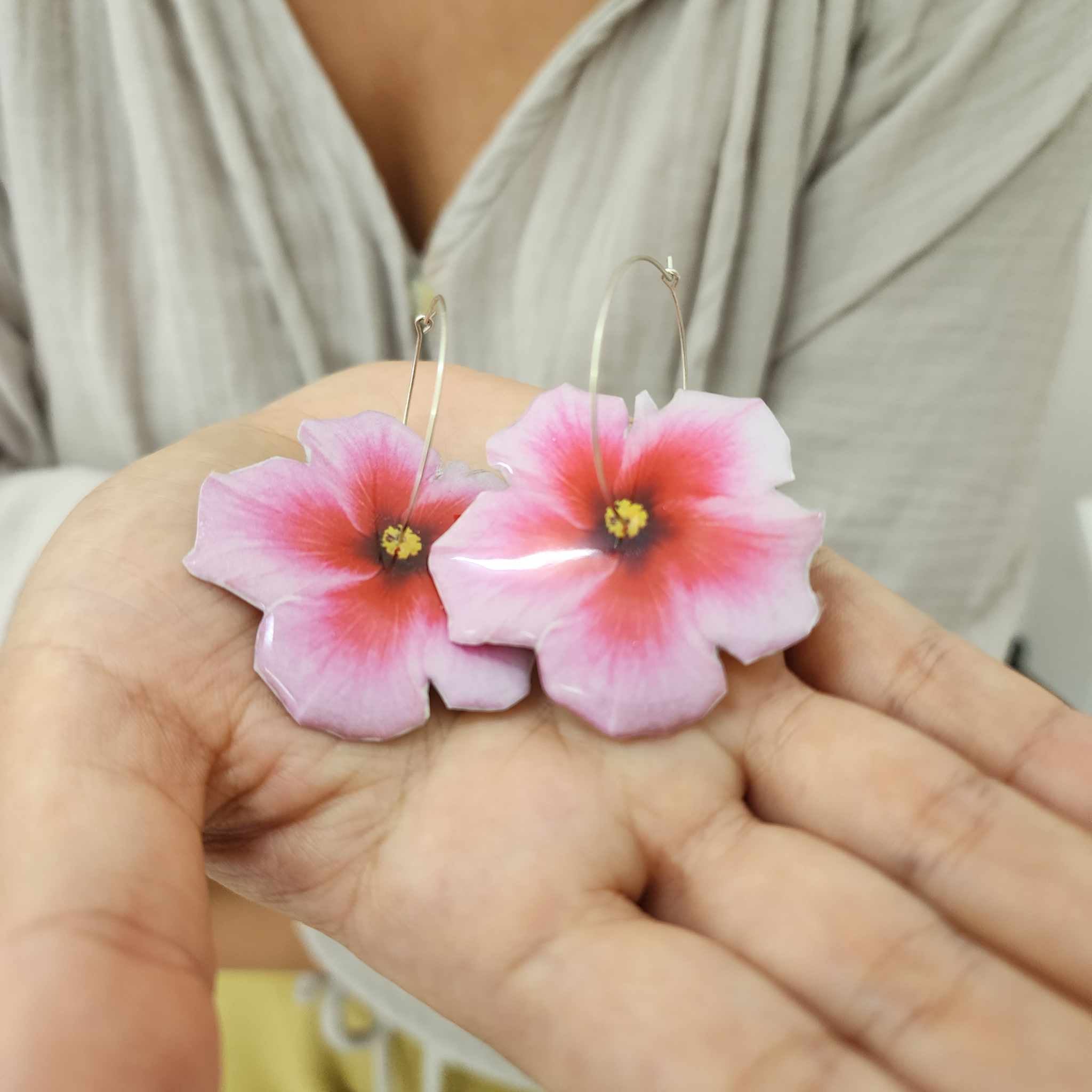 2024 Hibiscus Earrings with pink freshwater pearls, solid Sterling Silver, bride jewelry