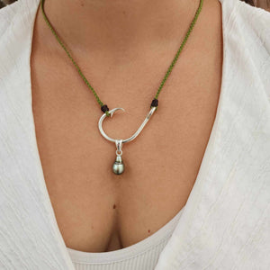 READY TO SHIP Civa Fiji Pearl Fish Hook Necklace - Nylon & 925 Sterling Silver FJD$