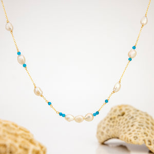 READY TO SHIP Freshwater Pearl & Faceted Glass Beads Necklace in 14k Gold Fill - FJD$
