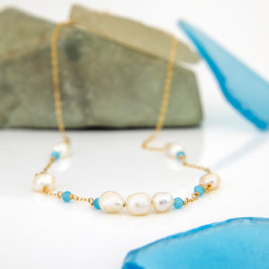 READY TO SHIP Freshwater Pearl & Faceted Glass Beads Necklace in 14k Gold Fill - FJD$