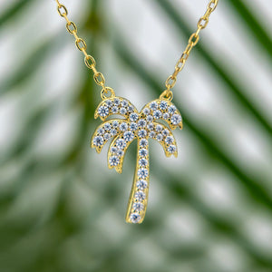 READY TO SHIP Palm Tree Necklace with Cz Stone Detail - 18k Gold Vermeil FJD$