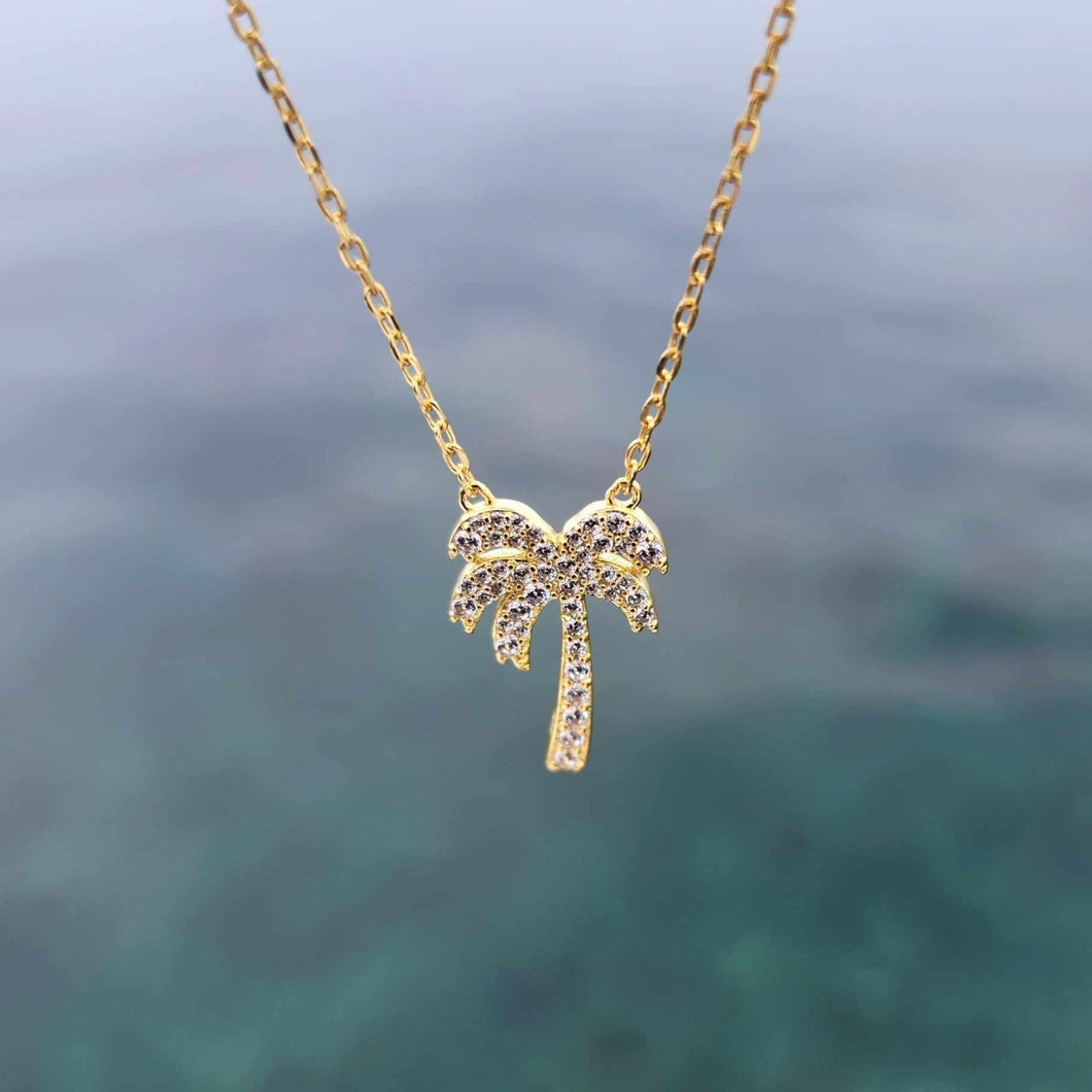 READY TO SHIP Palm Tree Necklace with Cz Stone Detail - 18k Gold Vermeil FJD$