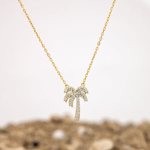 READY TO SHIP Palm Tree Necklace with Cz Stone Detail - 18k Gold Vermeil FJD$