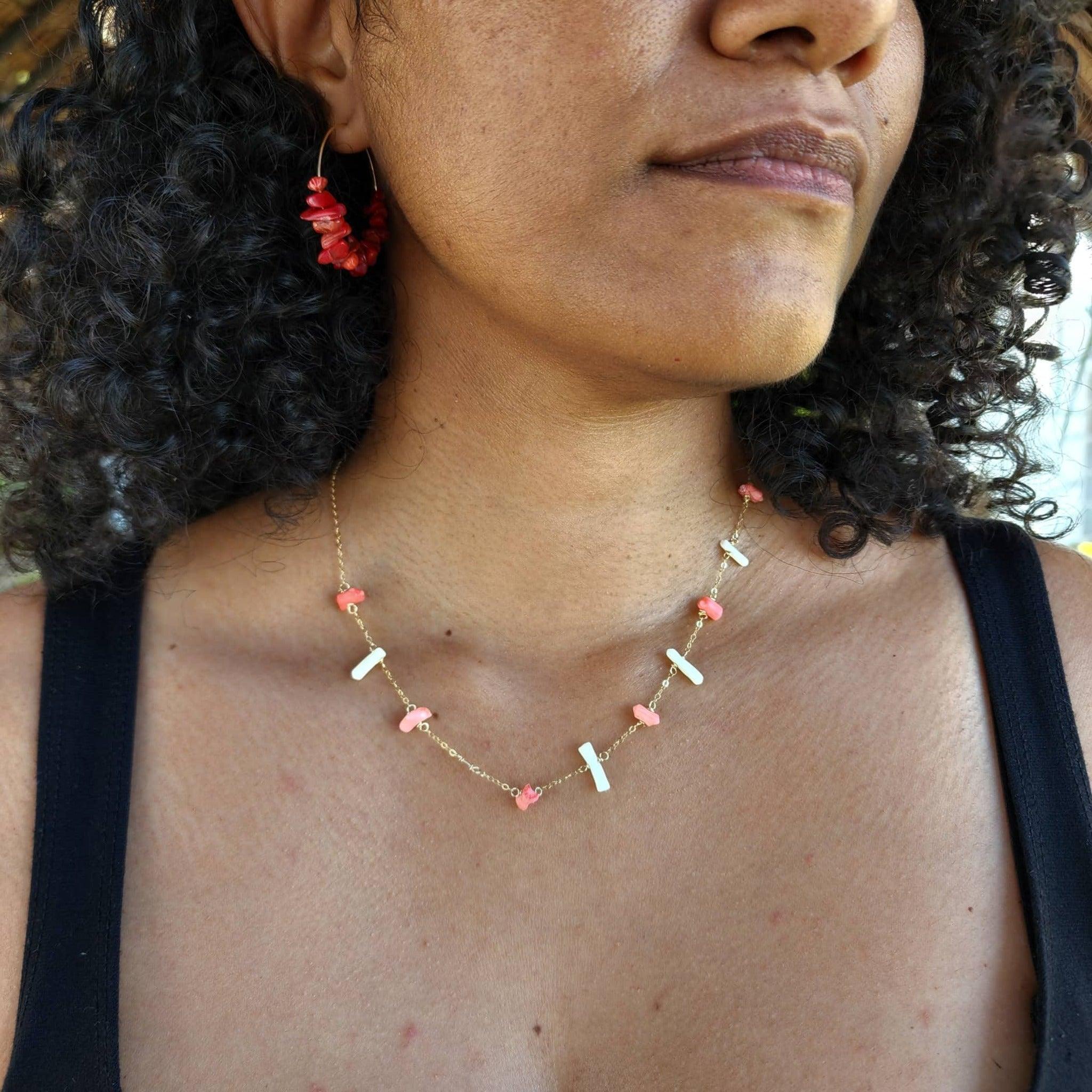 White Coral and 14k store Gold Filled Long Knotted Necklace